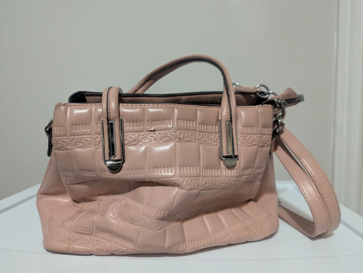 Pink Faux Leather Satchel Handbag