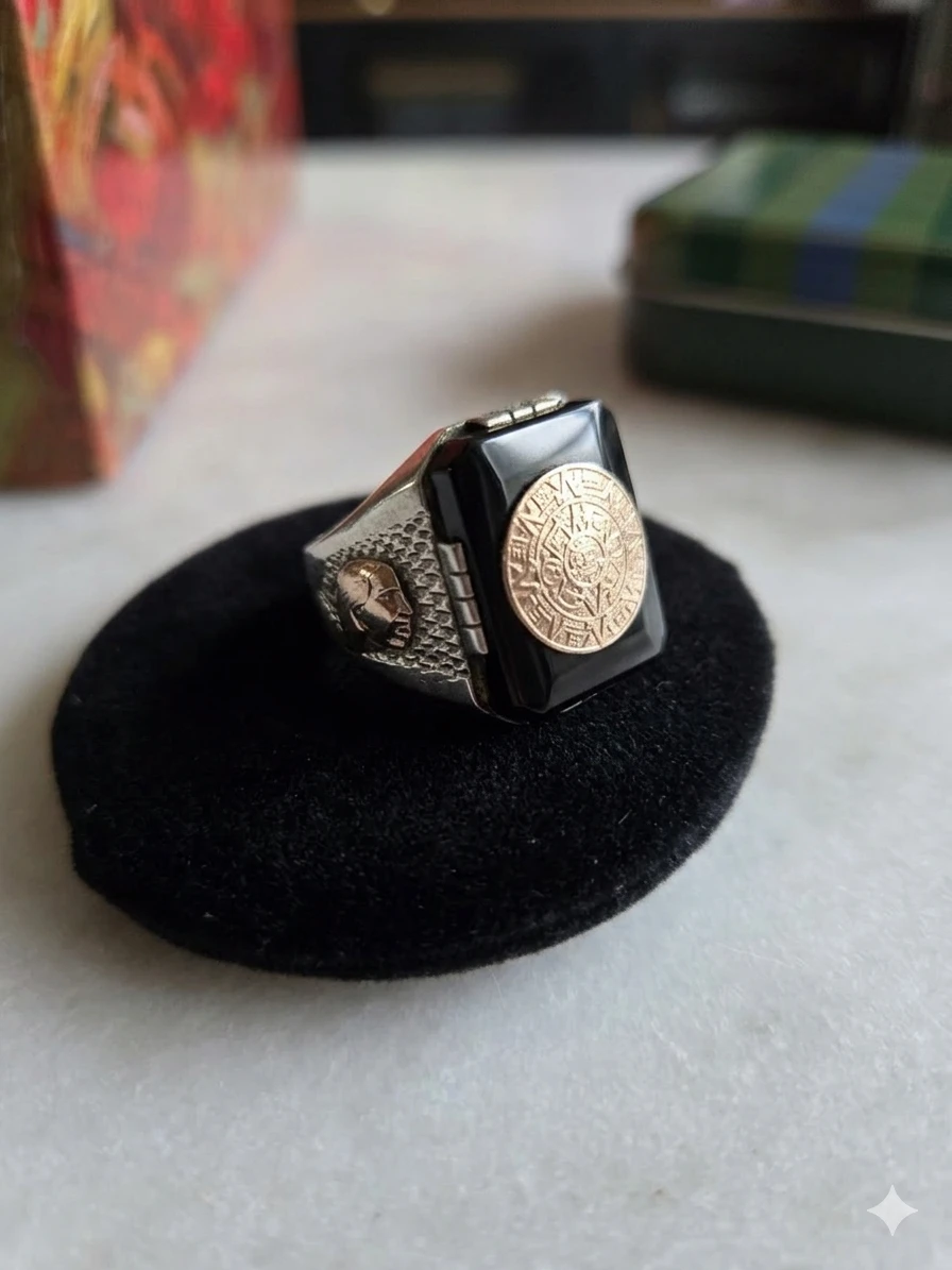 Mens Onyx Ring with Aztec Calendar Design