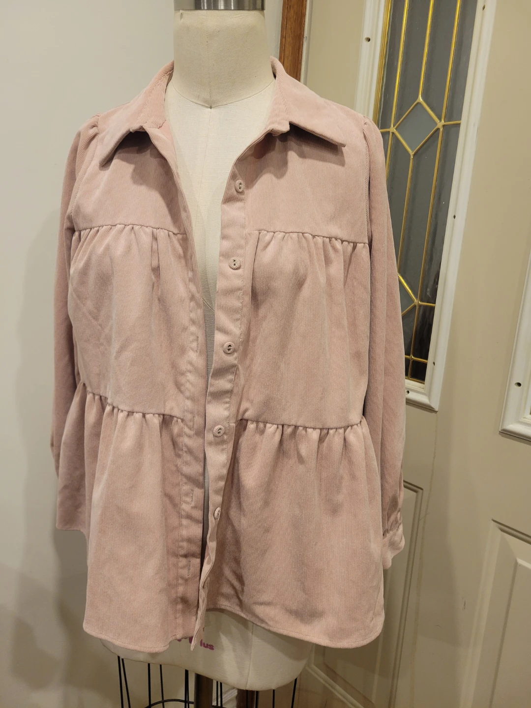 Zara Med Blush Pink Corduroy Ruffle Blouse
