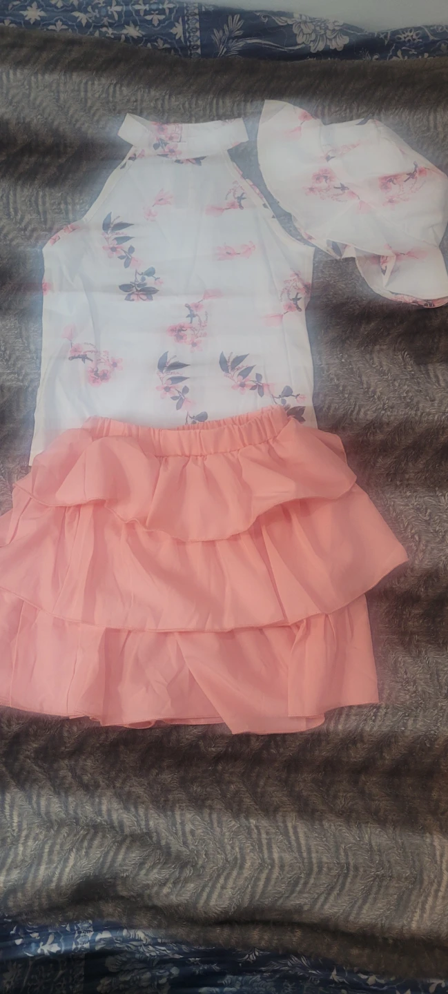 Girls Floral Top, Skirt & Hat Set