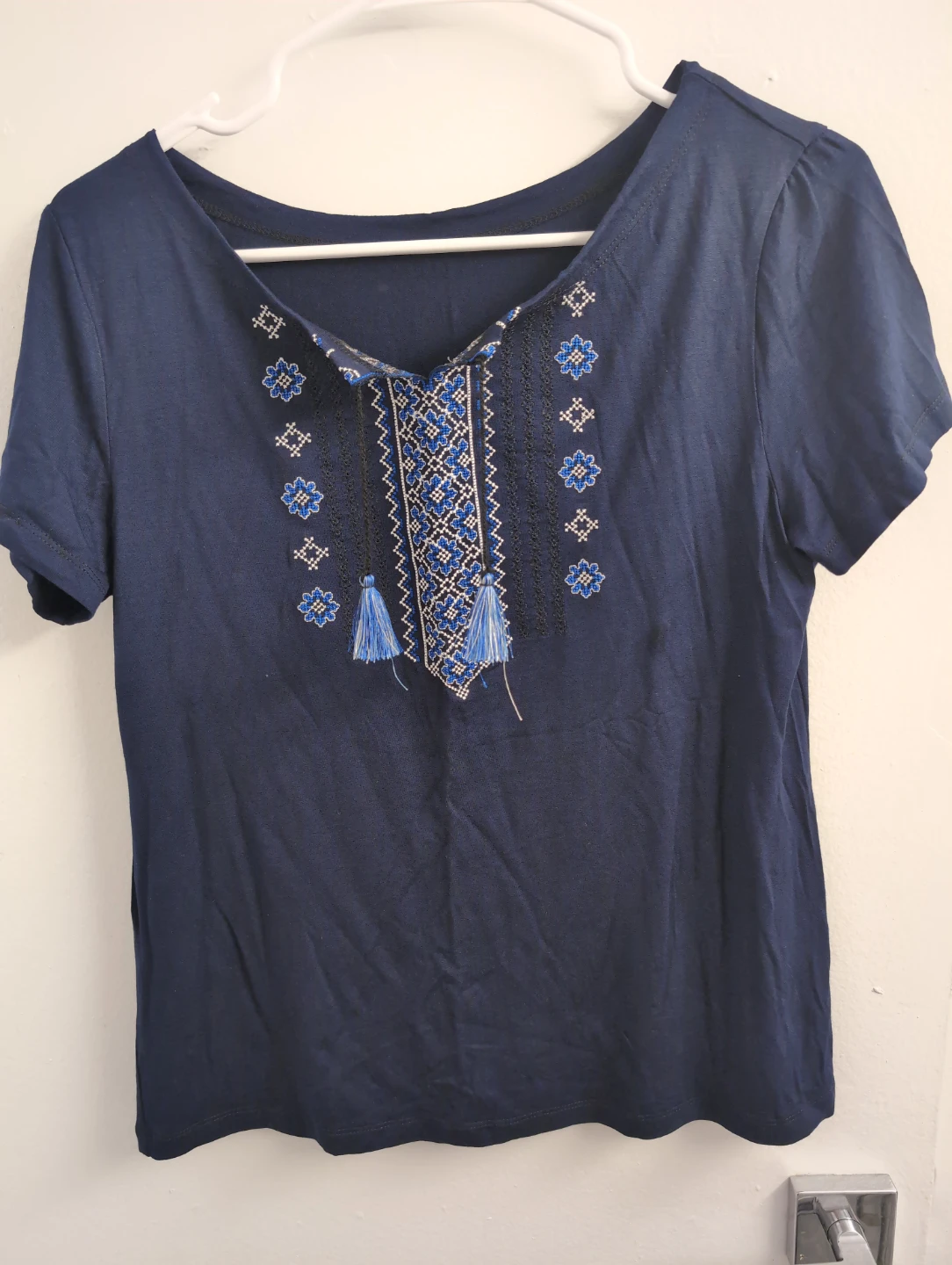 Blue Embroidered T-Shirt with Tassels S-size