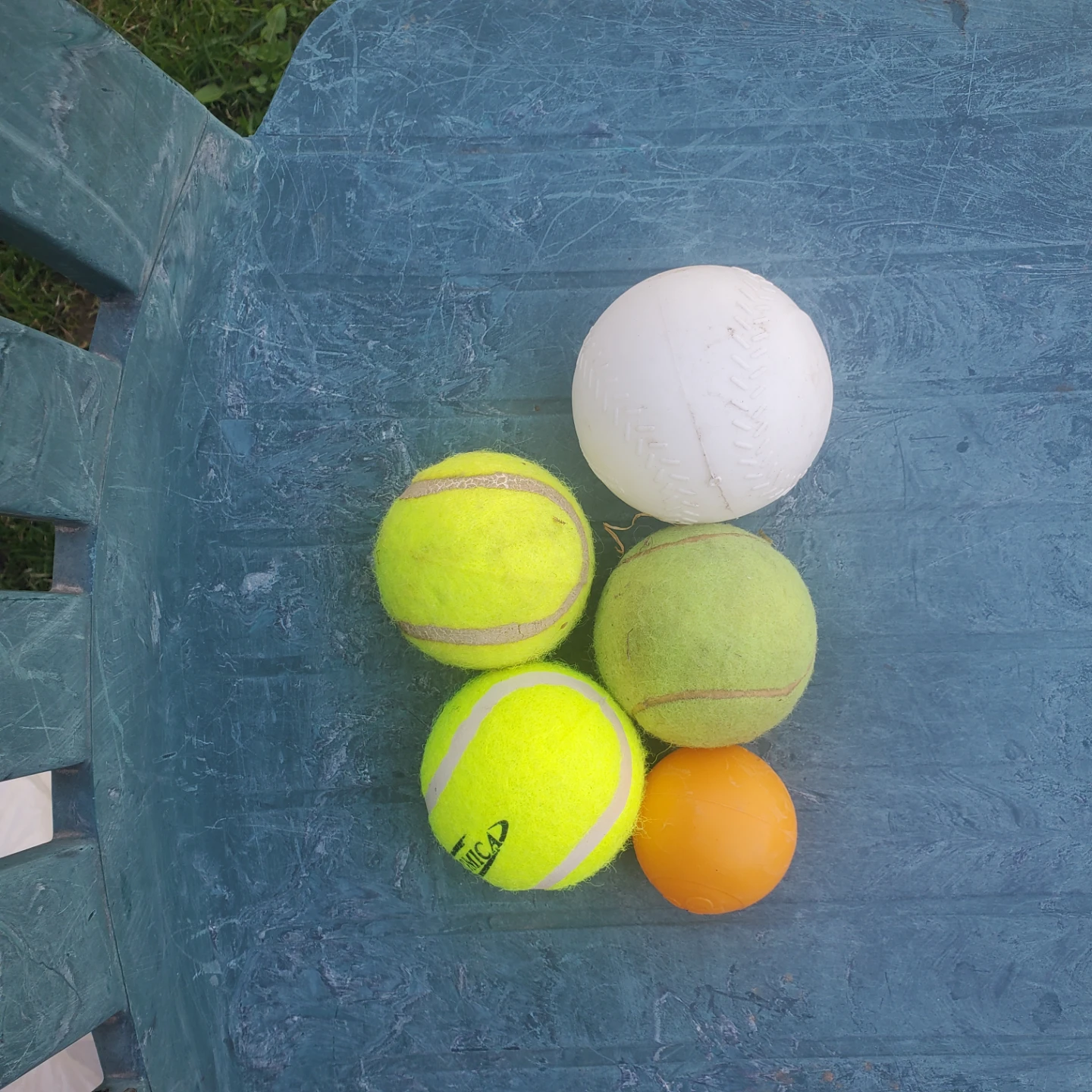 Assorted Balls: 3 Tennis Balls, 1 Baseball, 1 Small Orange Ball