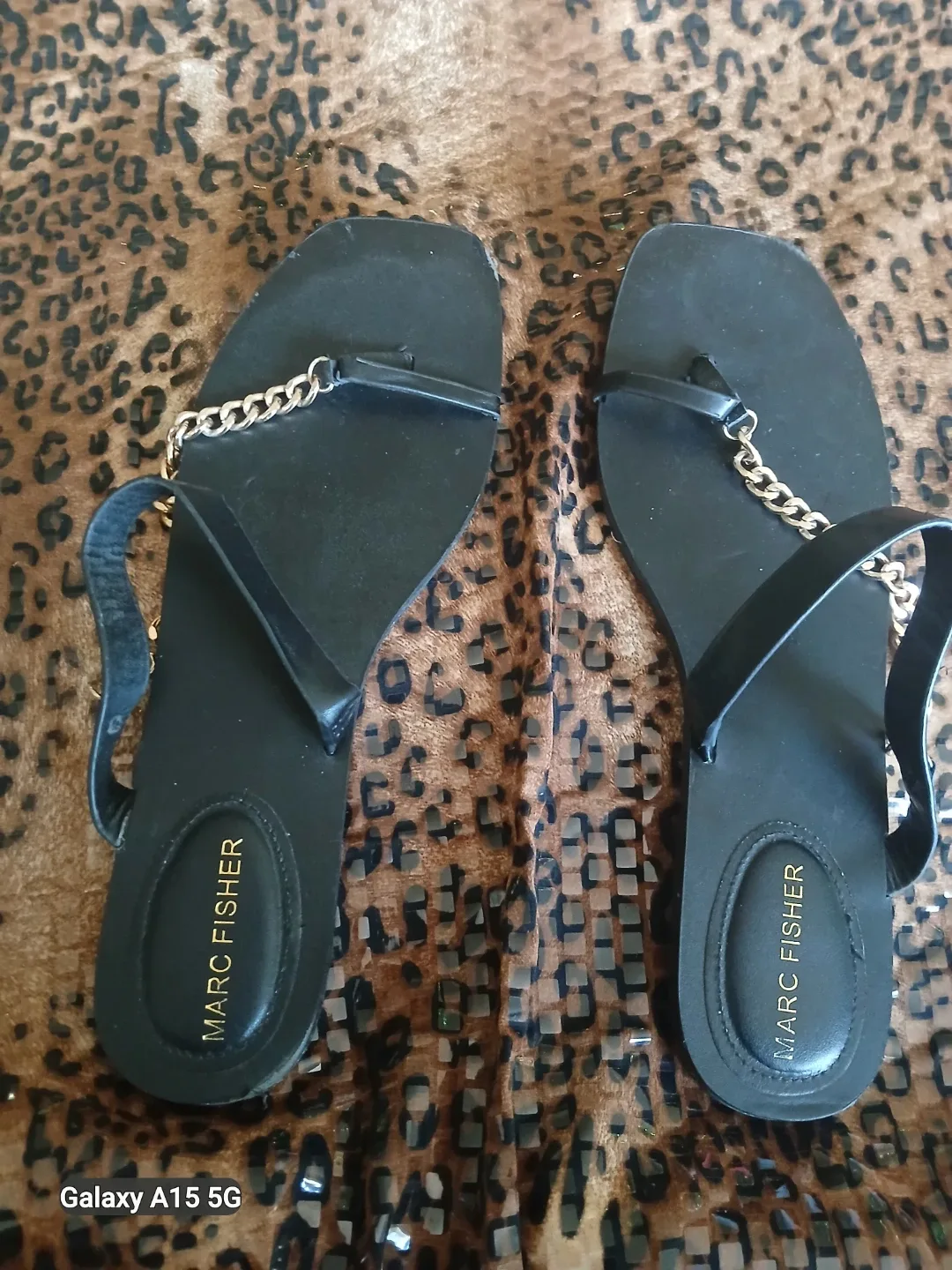 Marc Fisher Black Flat Sandals with Gold Chain Accent