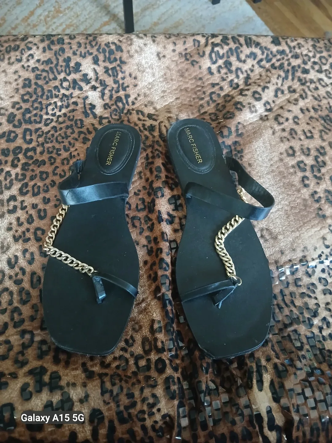 Marc Fisher Black Flat Sandals with Gold Chain Accent - photo 2