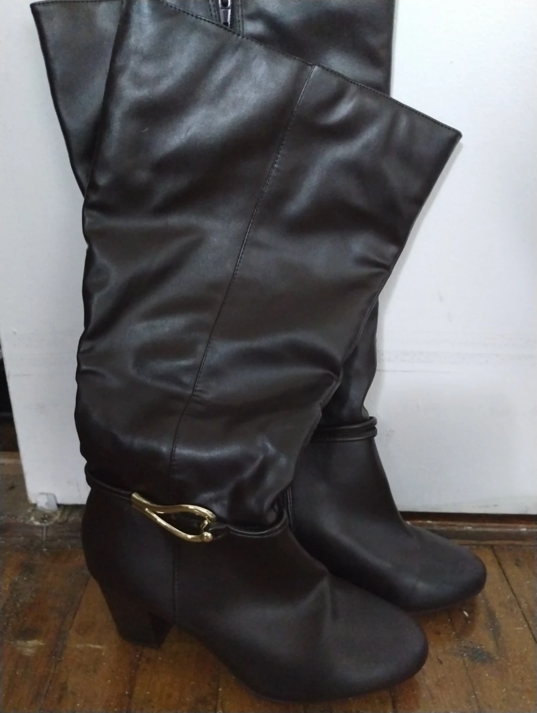 Dark Brown Faux Leather Knee-High Boots