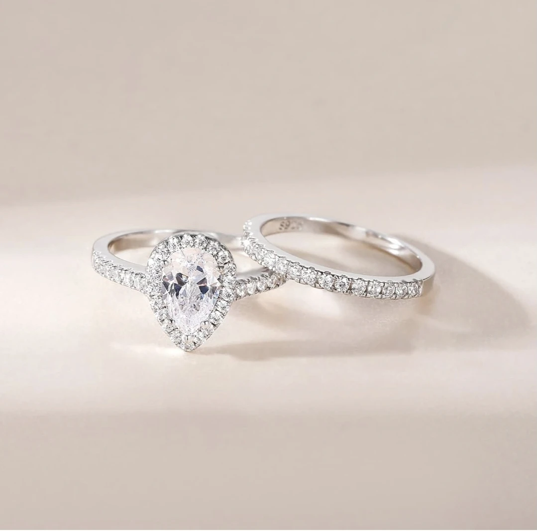 EAMTI Pear Cut Halo Engagement Wedding Ring Set - photo 2
