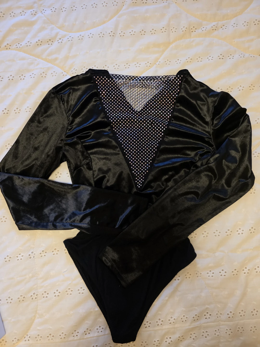 Black long sleeve bodysuit with rhinestones
