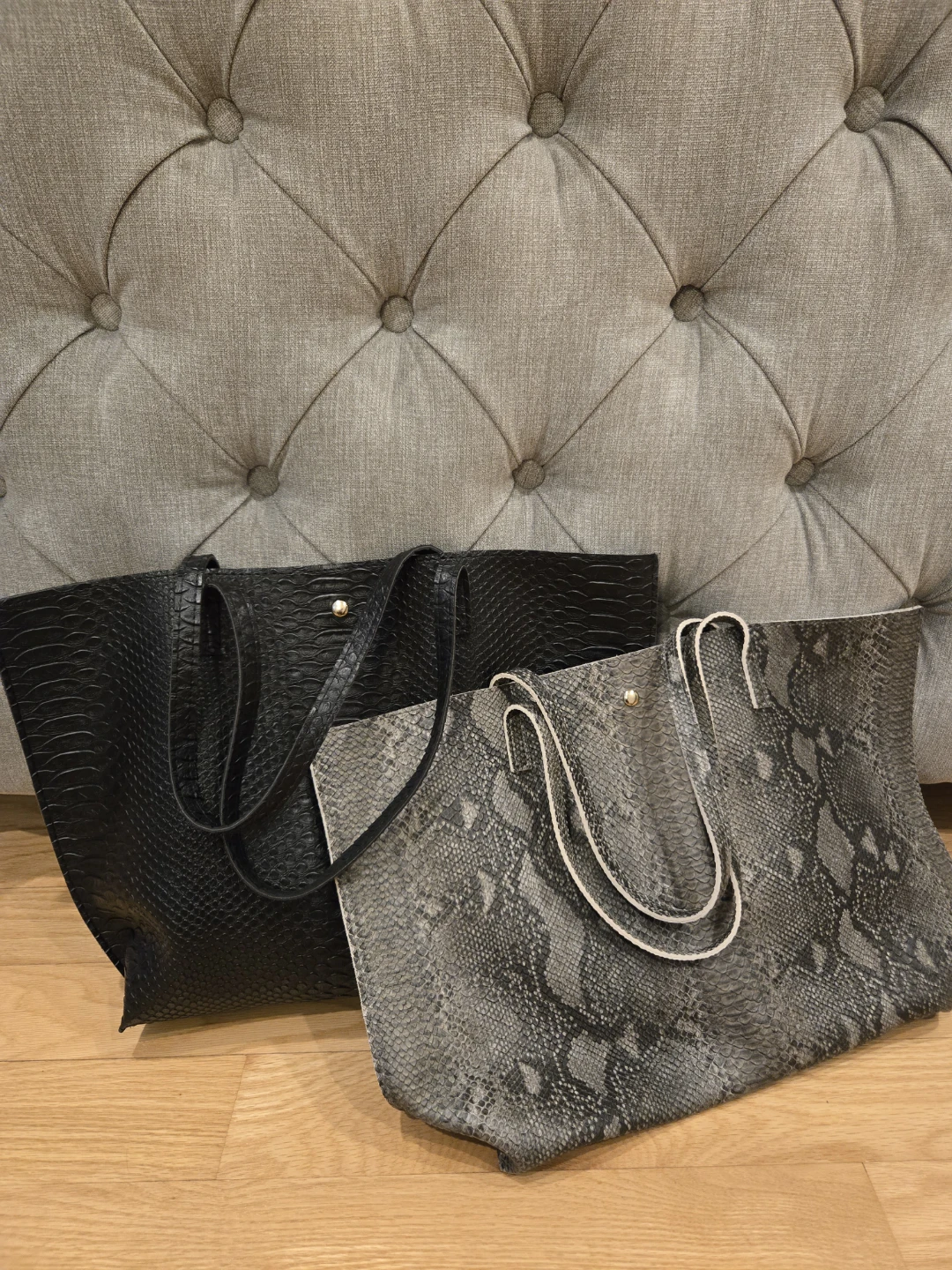 Two Tote Bags - Black Croc & Grey Snake Print
