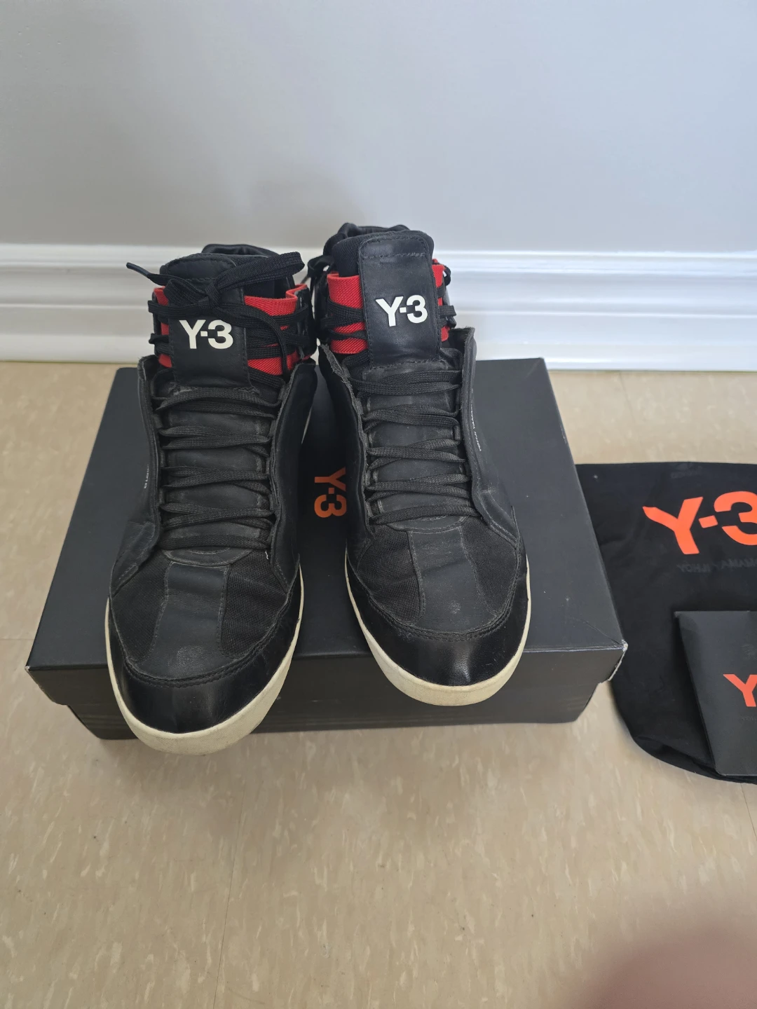Y-3 Yohji Yamamoto Black & Red Mid-Top Sneakers - photo 2