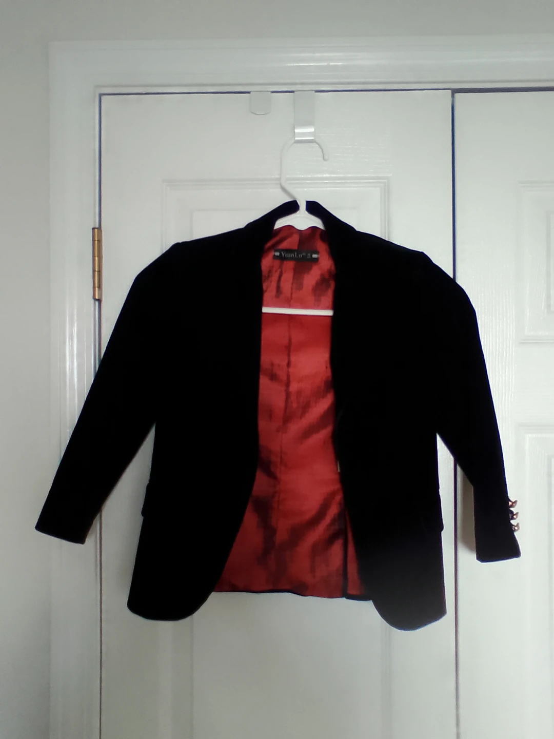Yuan Lan Black Velvet Blazer Jacket with Red Lining for Boys