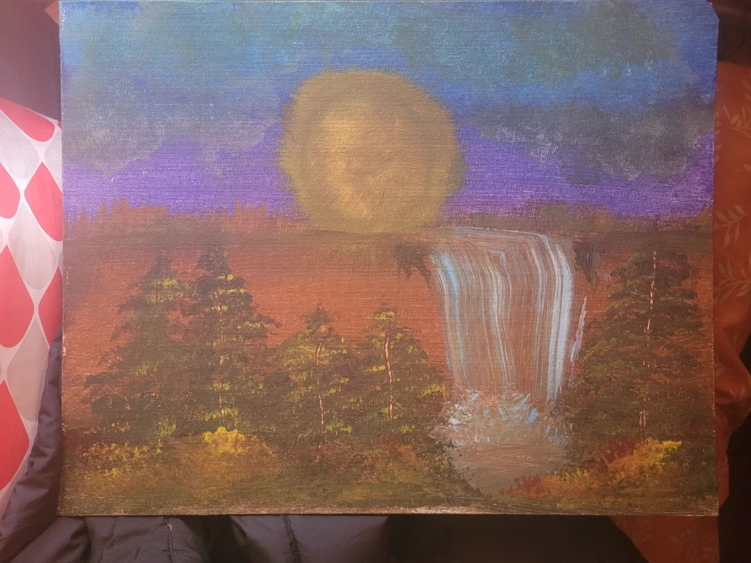 Original Landscape Painting - Waterfall and Sunset (Alcan Art)