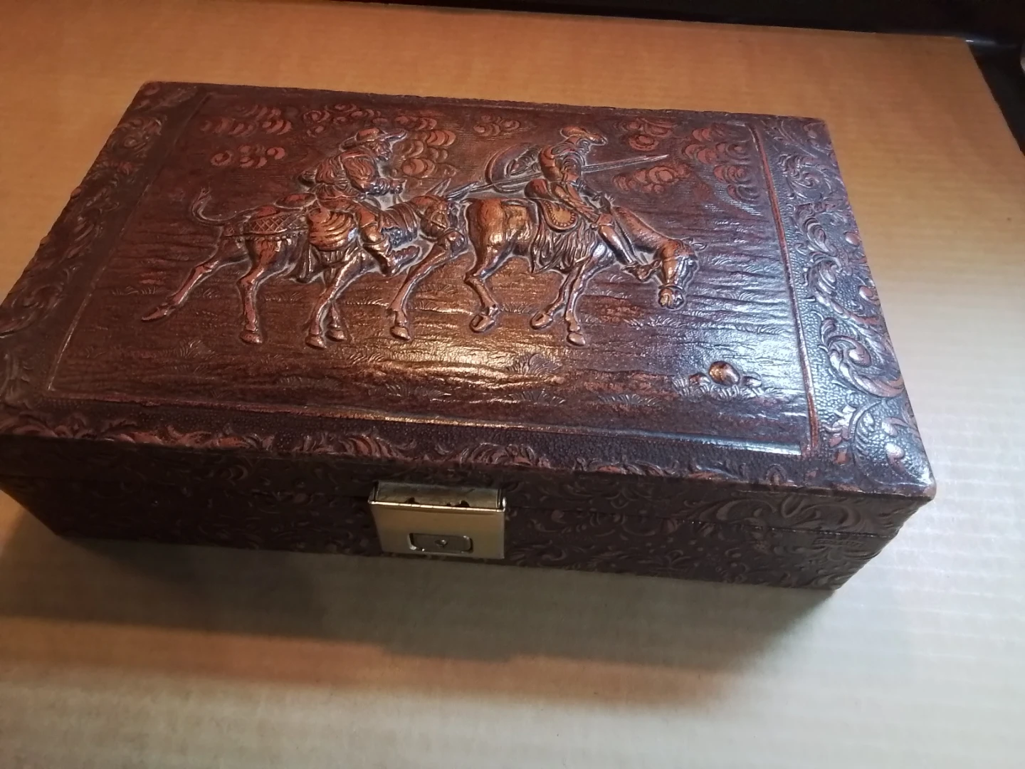 Vintage Embossed Leather Western Scene Trinket Box