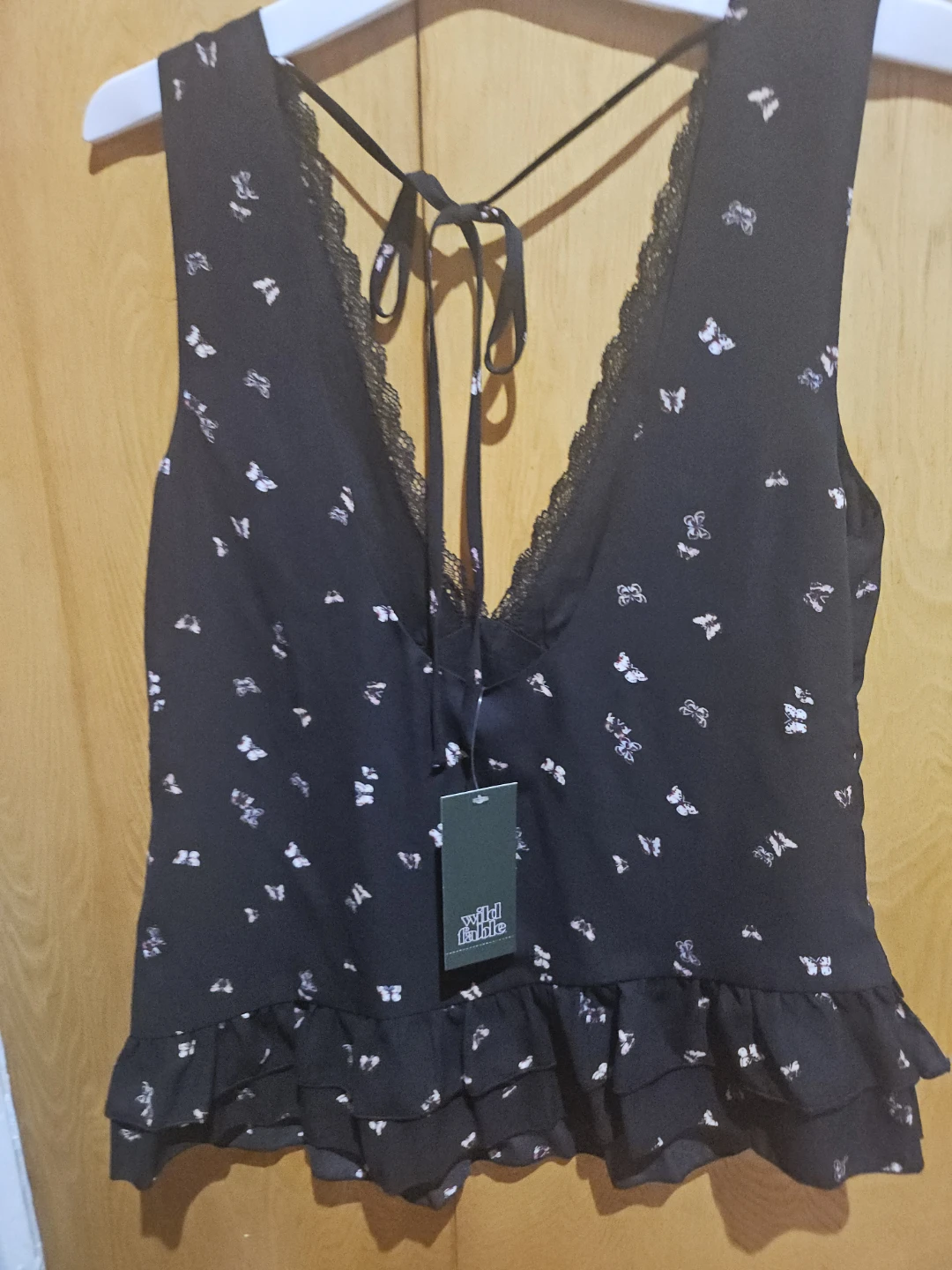 Wild Fable Black Butterfly Print Lace Trim Crop Top - Size S