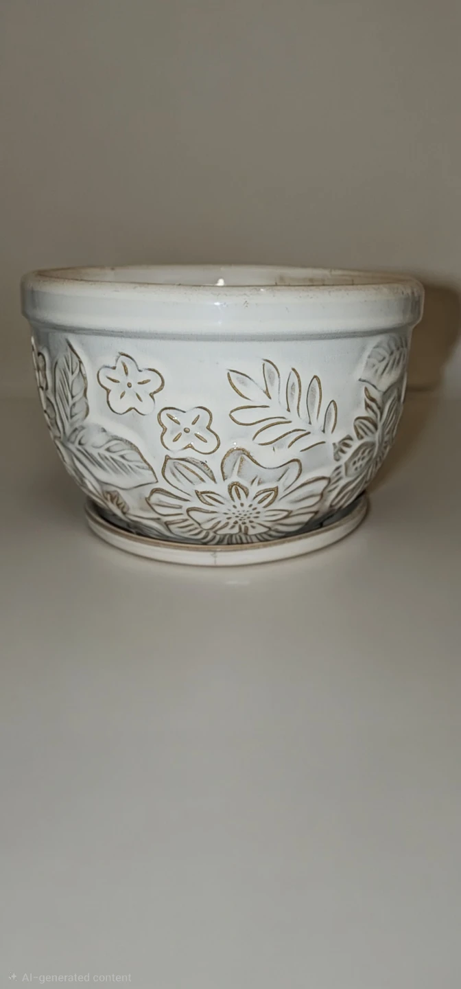 White Ceramic Embossed Floral Planter Pot with Saucer