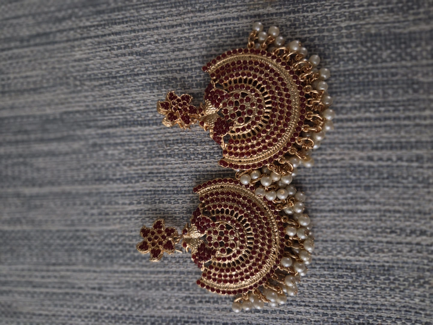 Gold Tone Jhumka Earrings with Red Stones and Pearls - photo 2