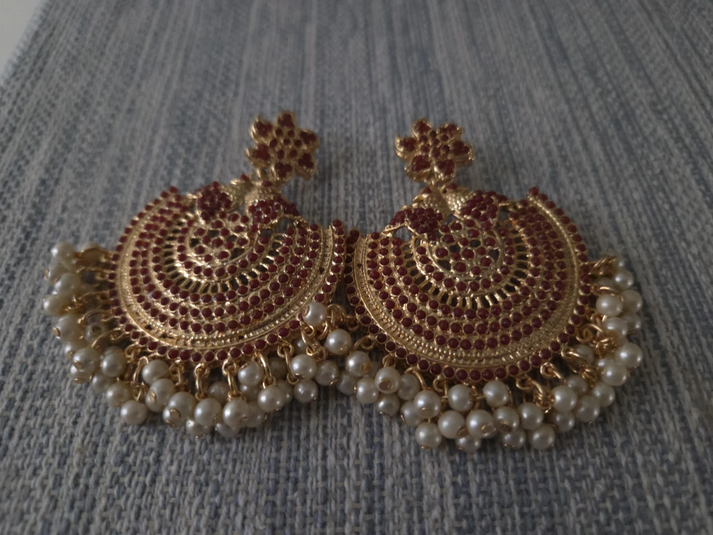 Gold Tone Jhumka Earrings with Red Stones and Pearls - photo 3