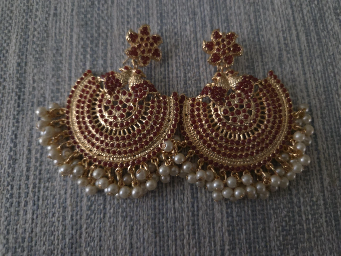 Gold Tone Jhumka Earrings with Red Stones and Pearls - photo 4