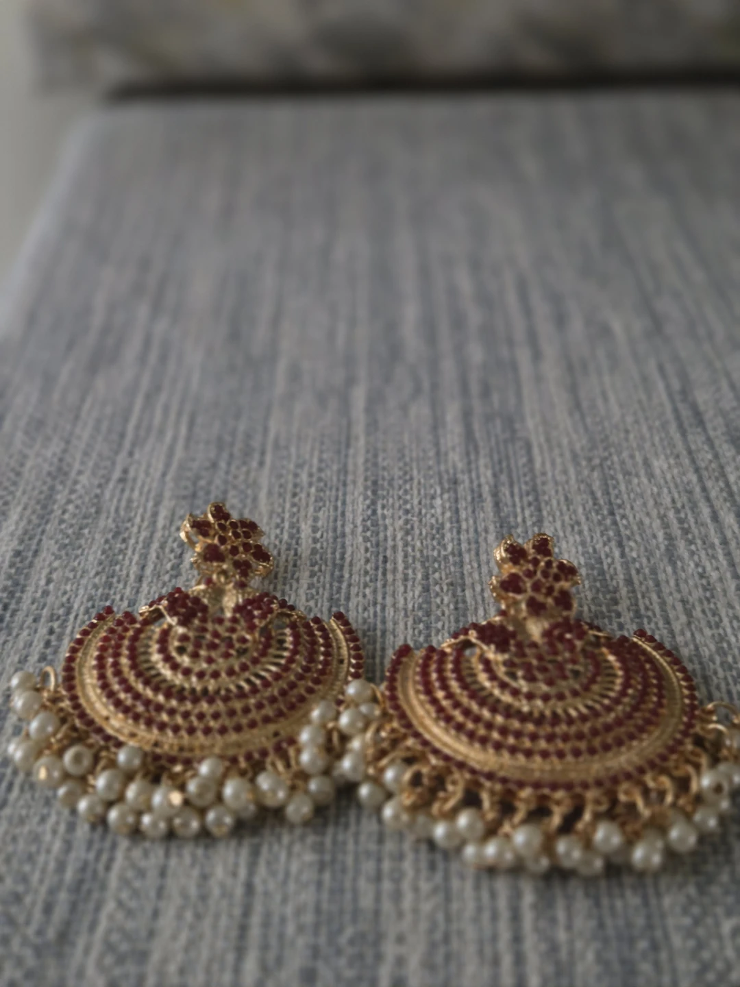 Gold Tone Jhumka Earrings with Red Stones and Pearls - photo 5