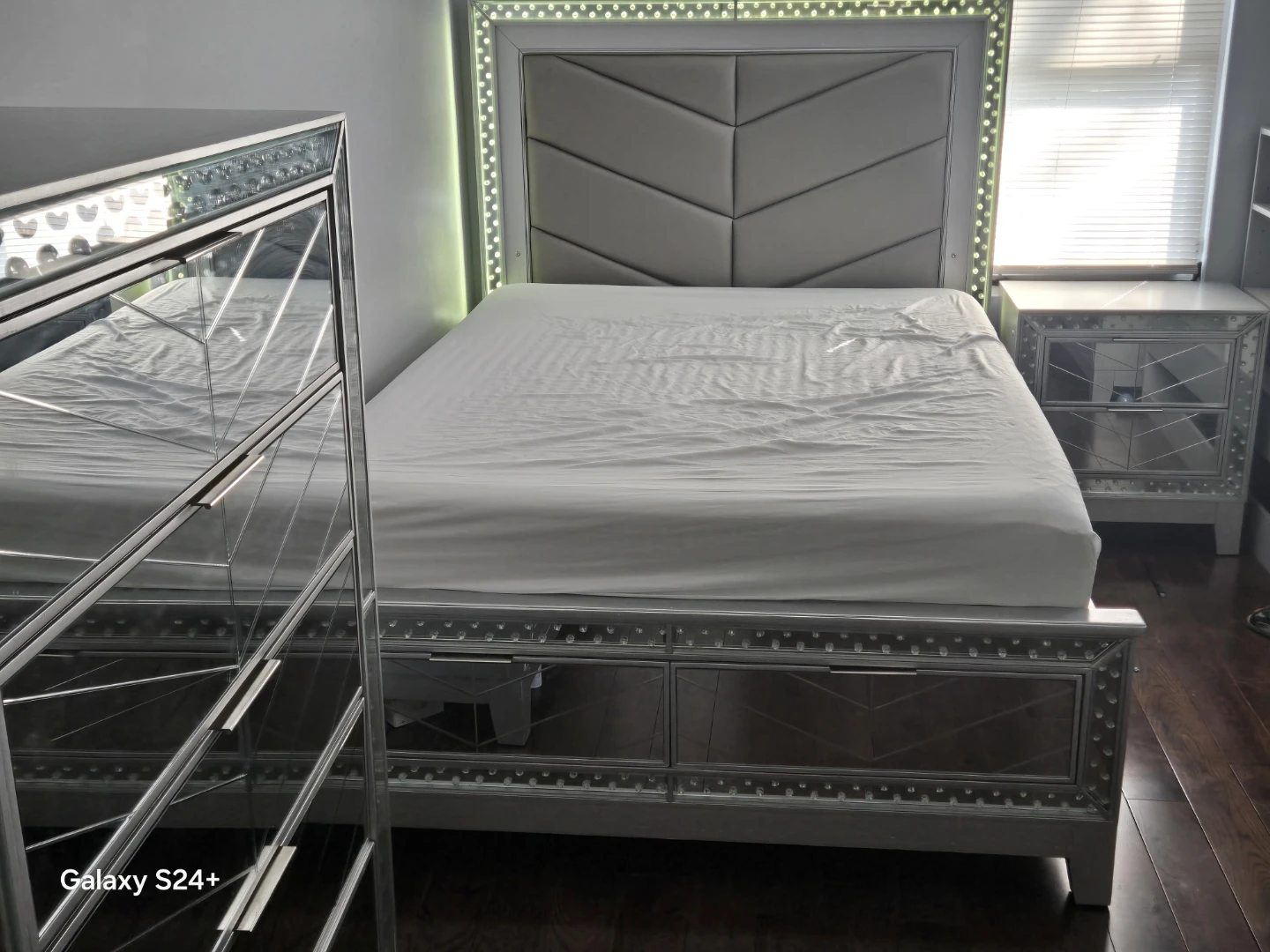 Gray Upholstered Headboard Bed Frame with LED Lights - photo 2