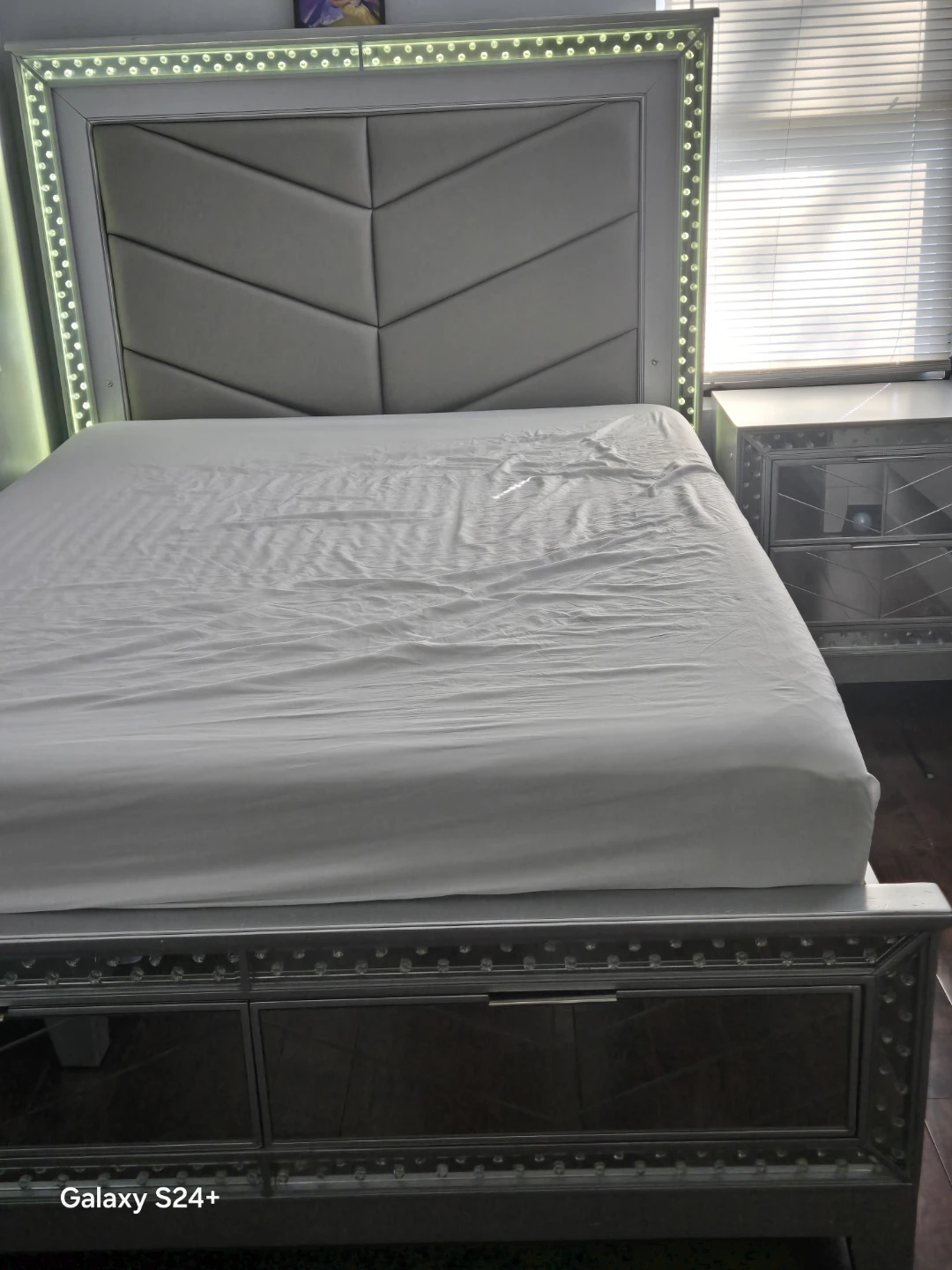 Gray Upholstered Headboard Bed Frame with LED Lights - photo 3