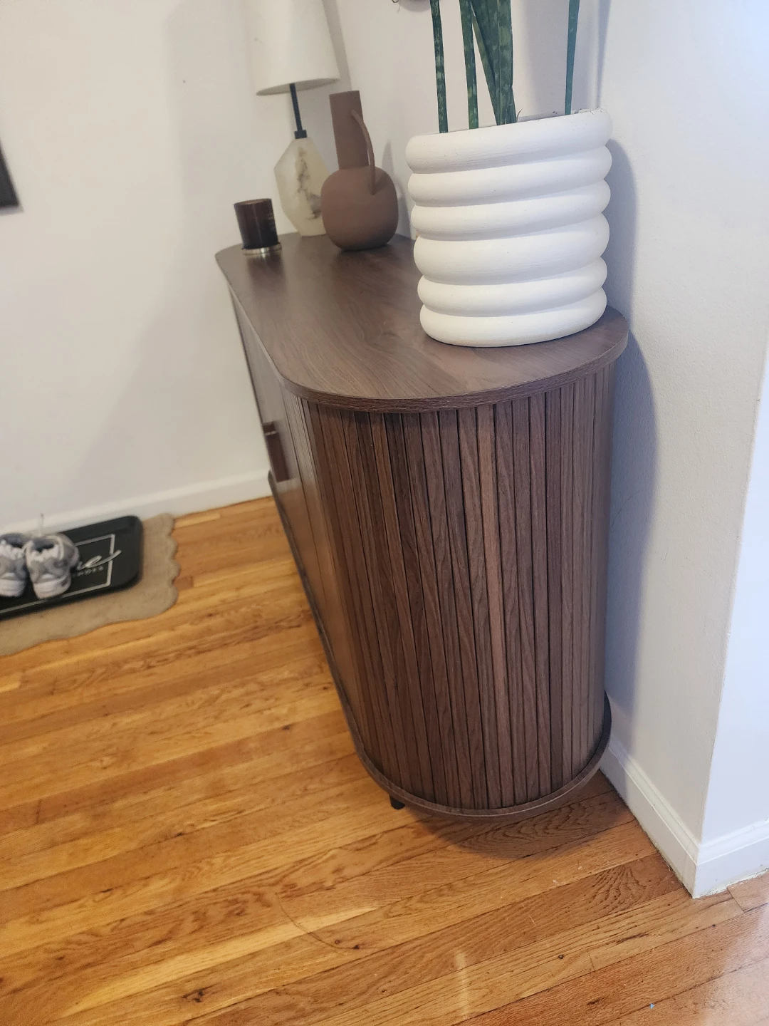 Mid-Century Modern Wood Sideboard Cabinet with Slatted Doors