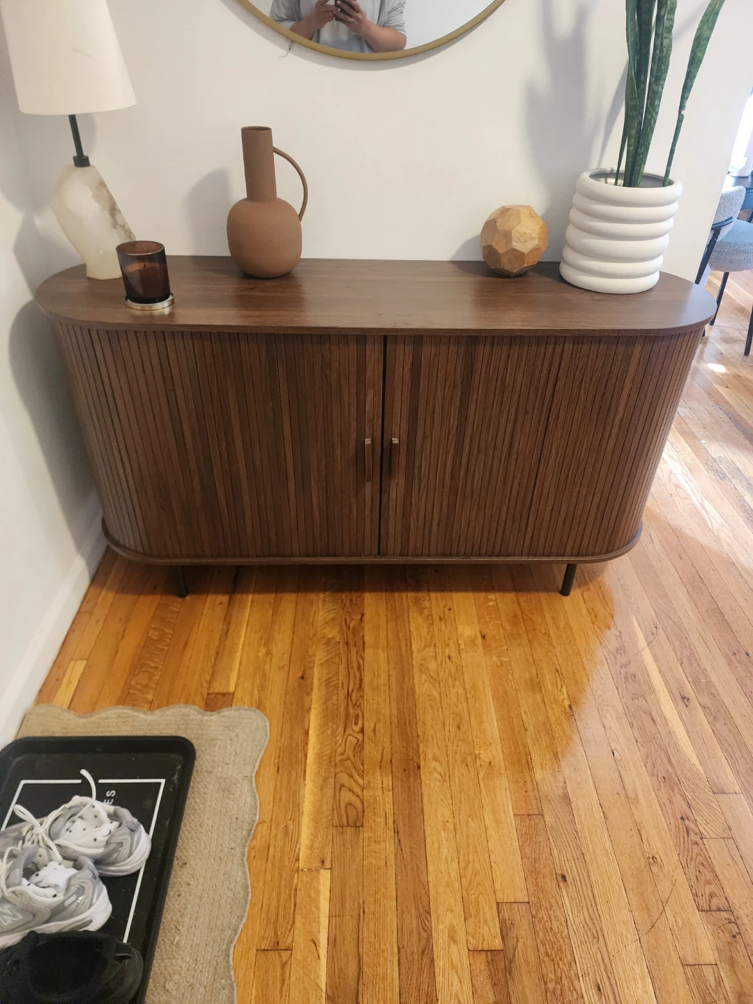 Mid-Century Modern Wood Sideboard Cabinet with Slatted Doors - photo 2