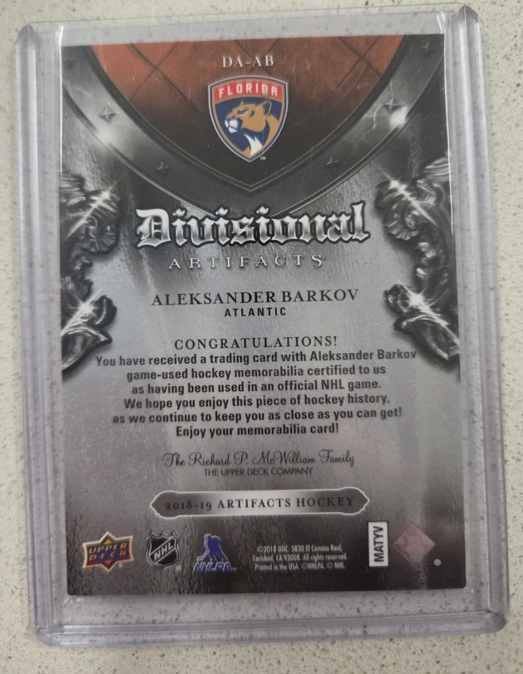Aleksander Barkov "Divisional Artifacts" Jersey Card - photo 2