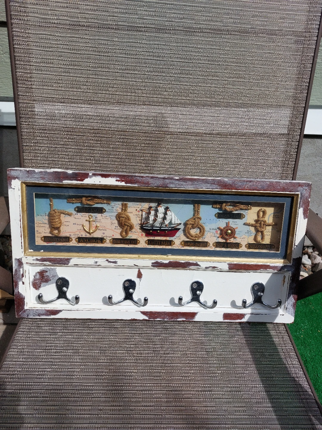 Nautical Themed Wall Coat Rack with Map and Ship Art - photo 3