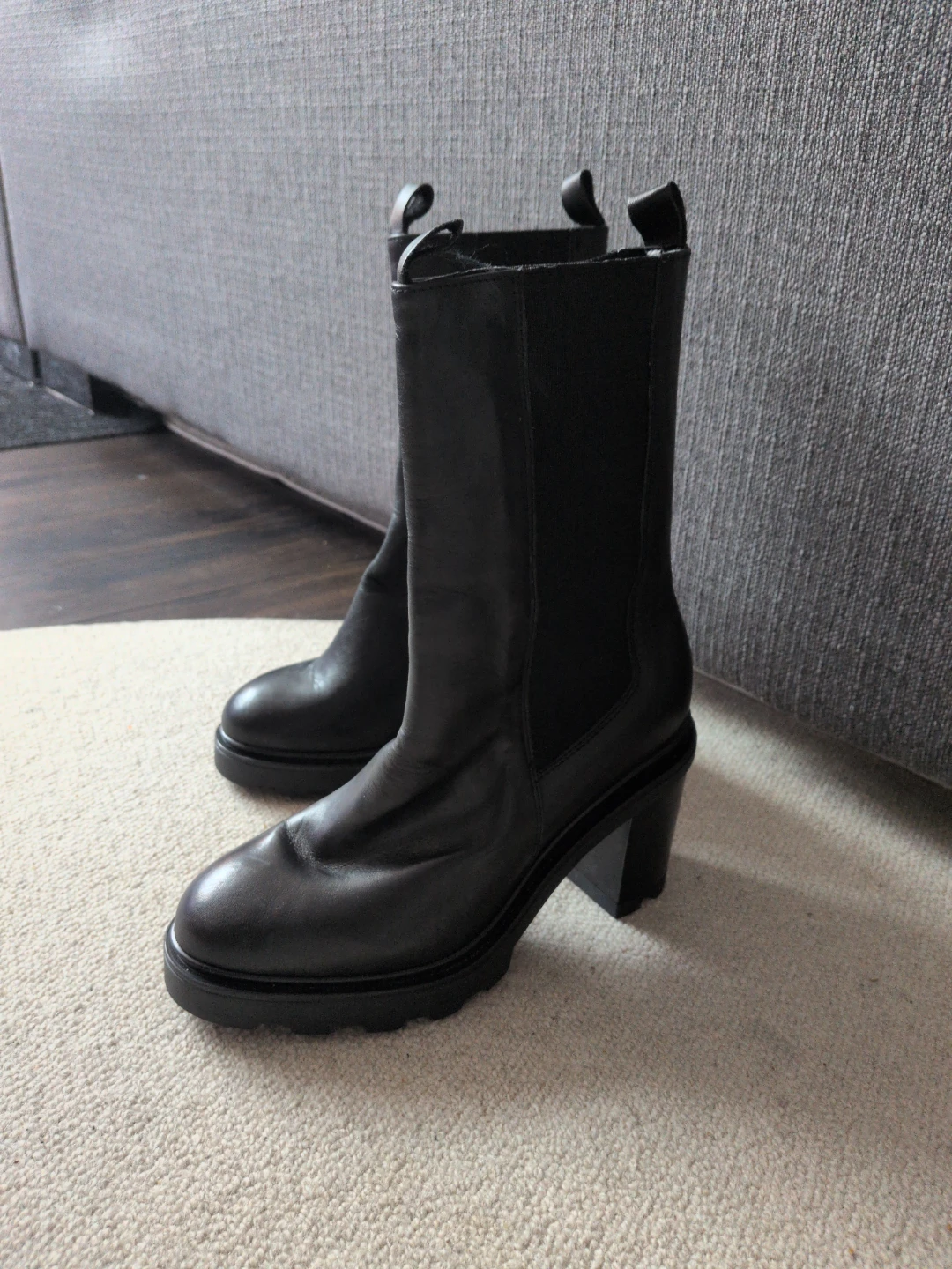 Annabella Black Leather Block Heel Chelsea Boots