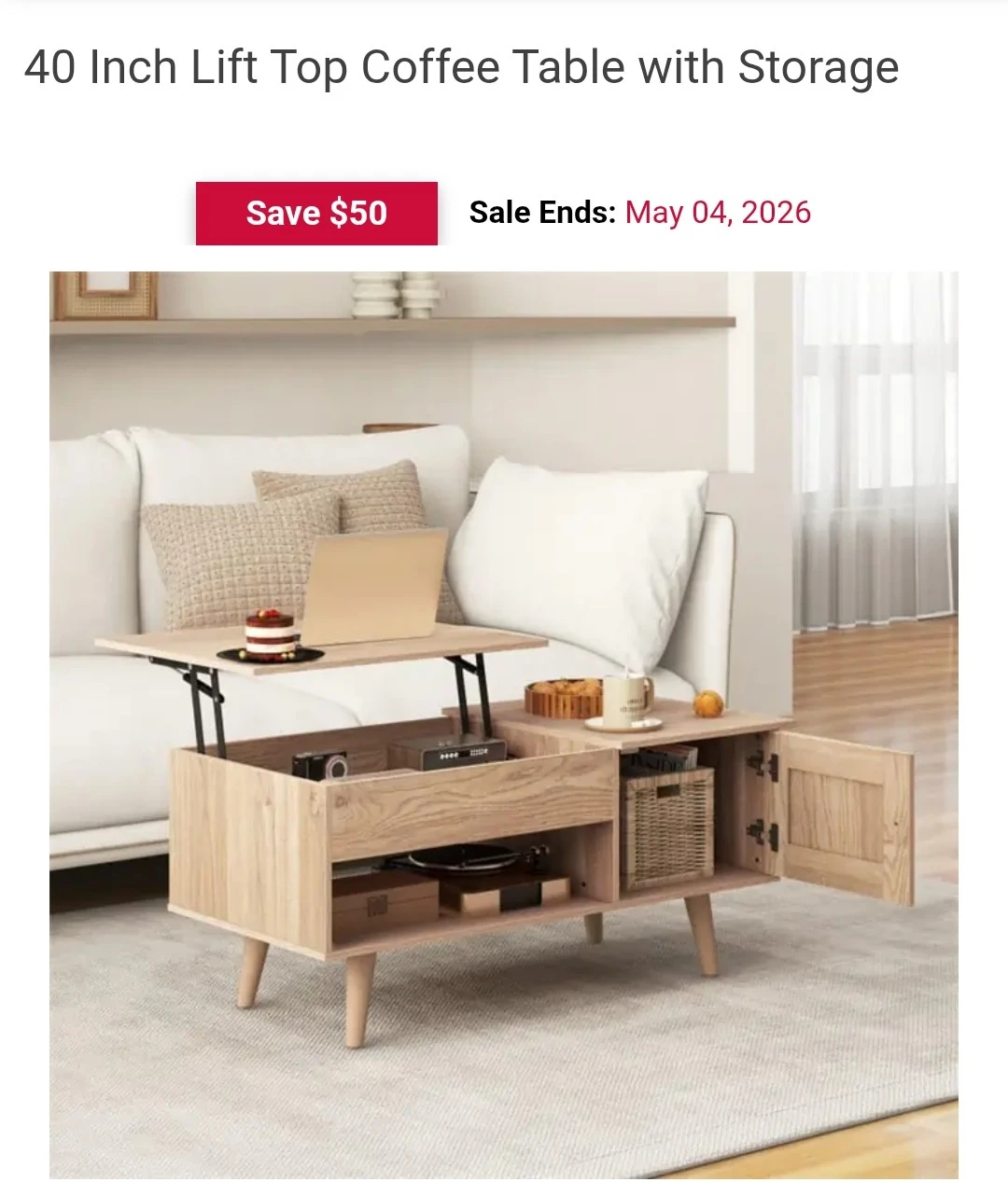 40 Inch Lift Top Coffee Table with Storage