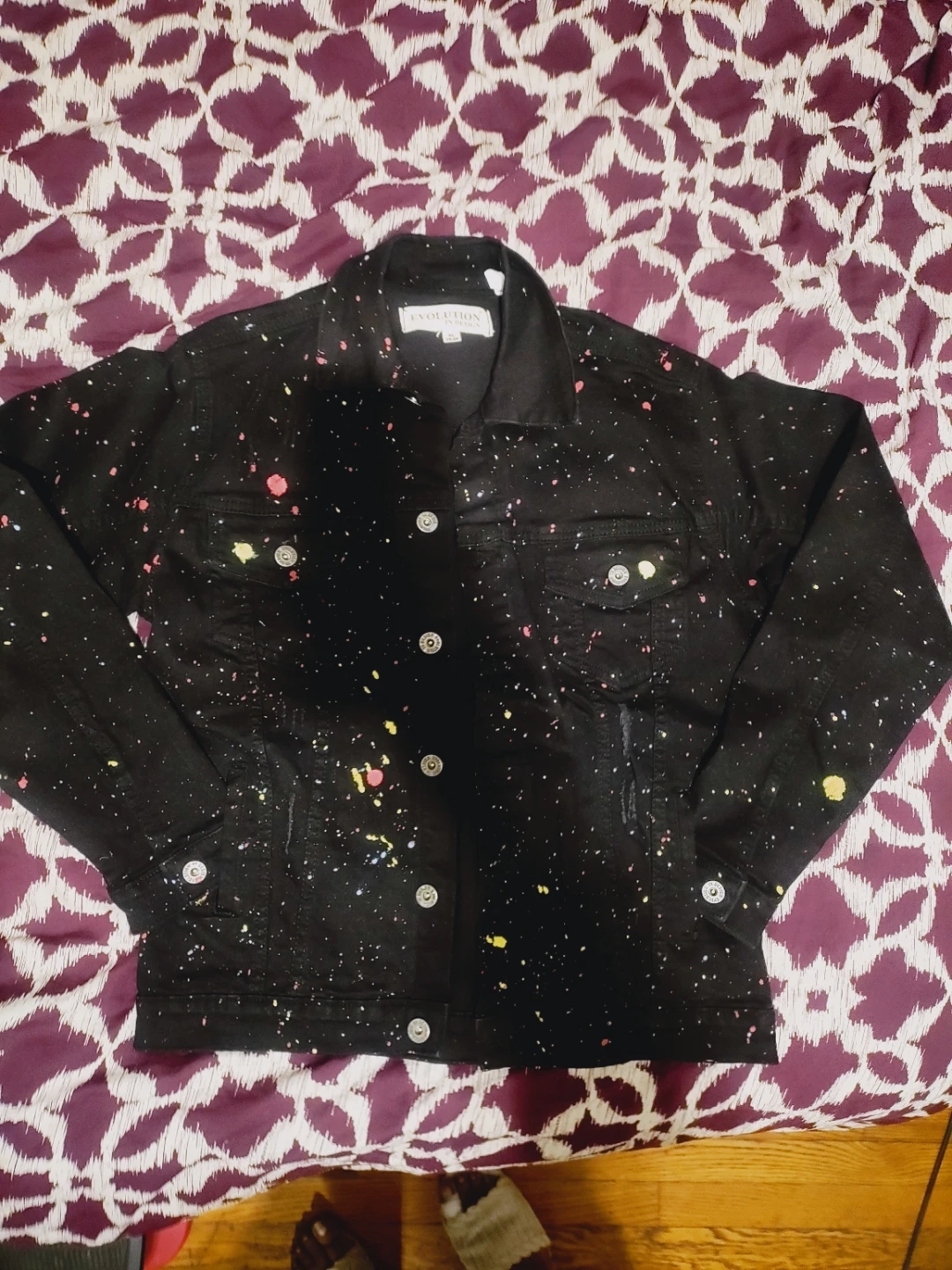 🌱EVOLUTION Black Denim Jacket with Multi-Color Splatter size XL