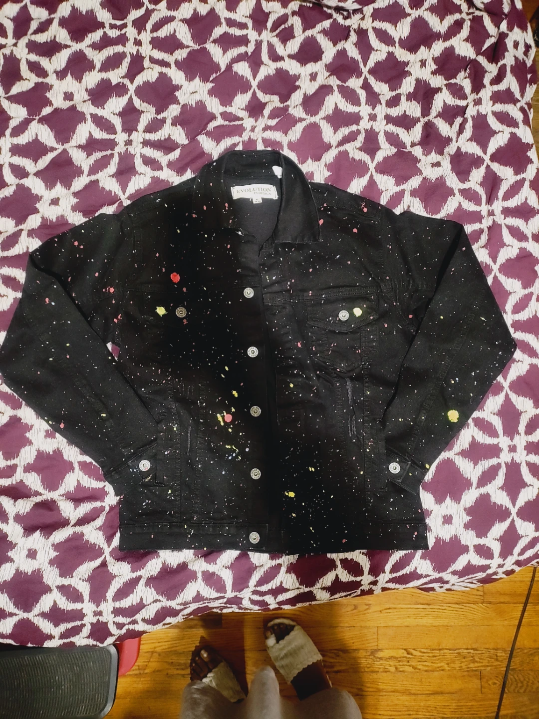 🌱EVOLUTION Black Denim Jacket with Multi-Color Splatter size XL - photo 2