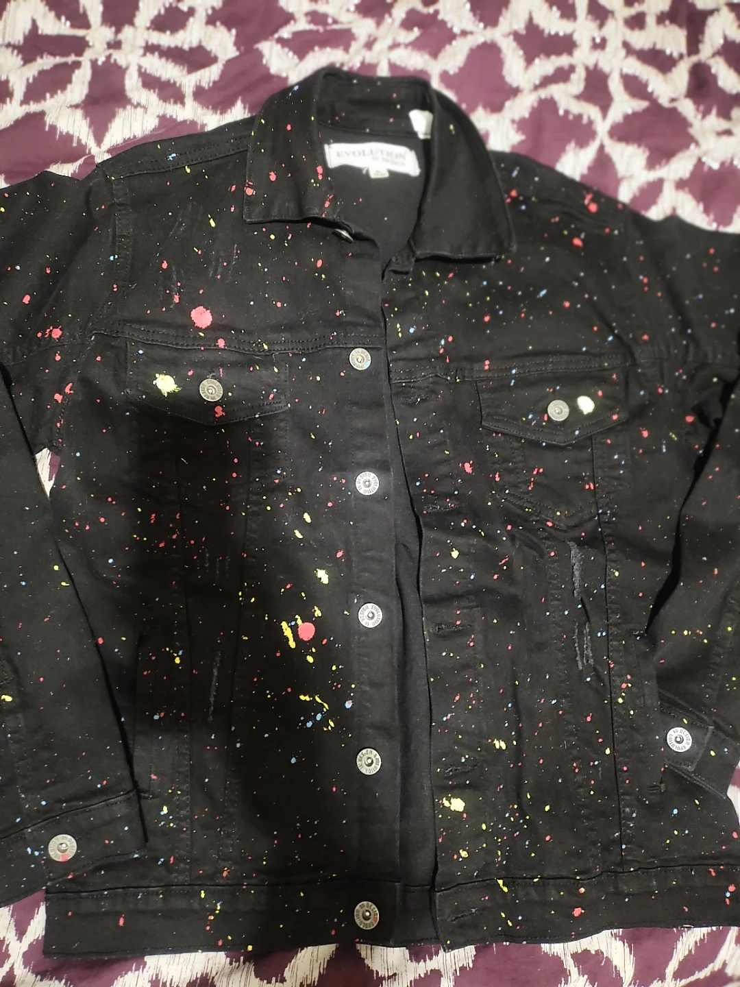 🌱EVOLUTION Black Denim Jacket with Multi-Color Splatter size XL - photo 3