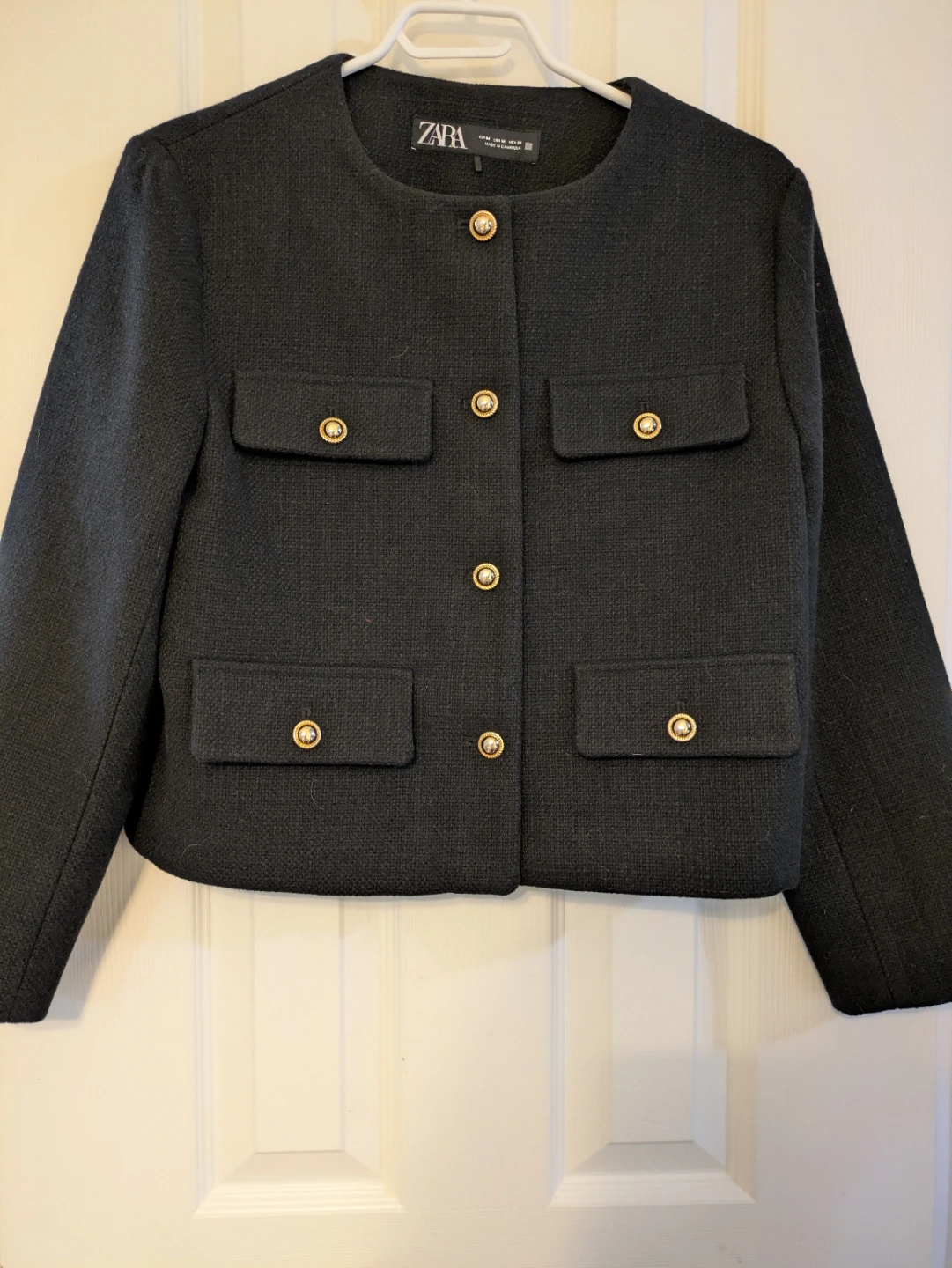 ZARA Black Textured Cropped Jacket with Gold Buttons