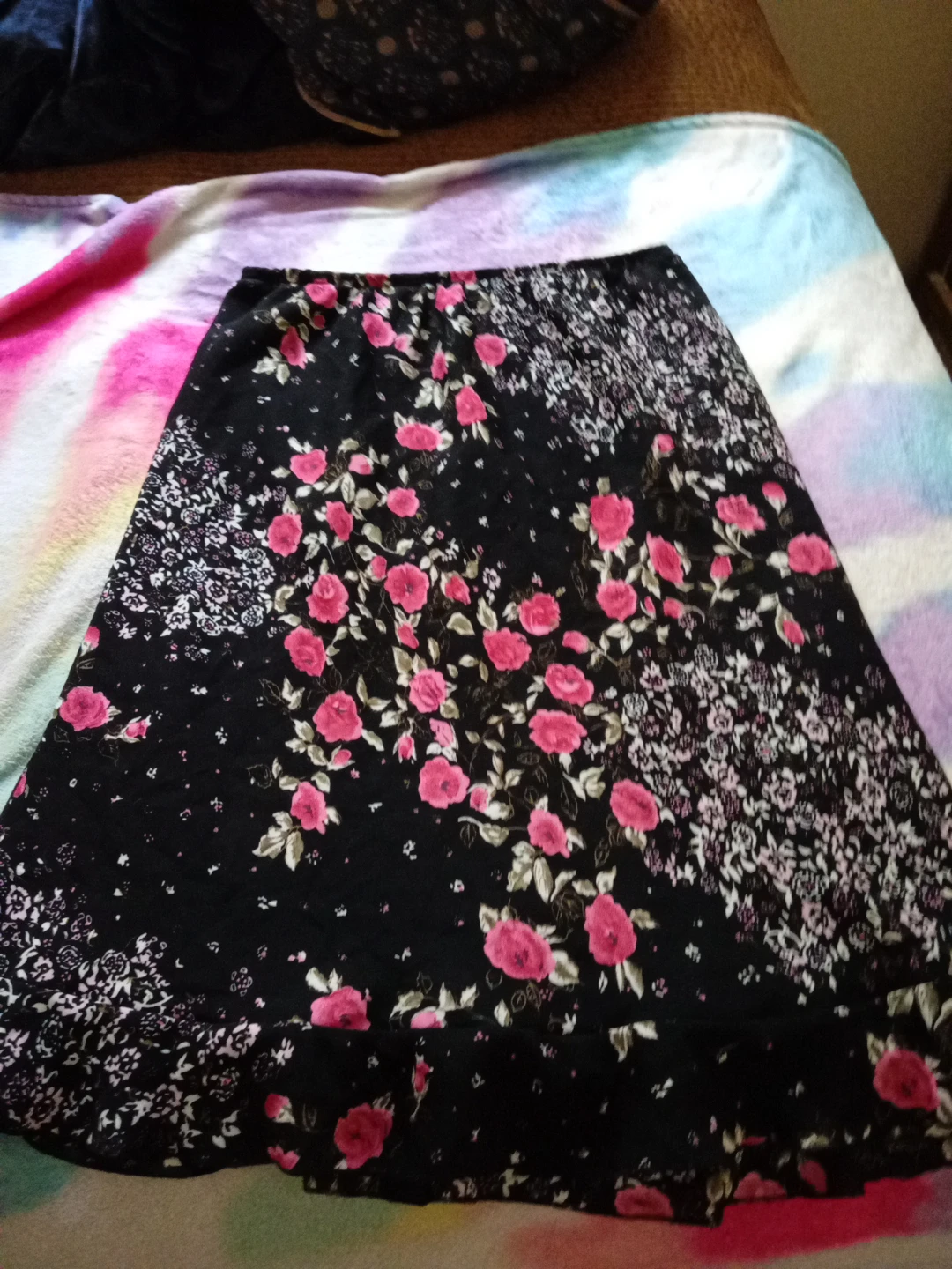 Black Floral Midi Skirt with Pink Roses