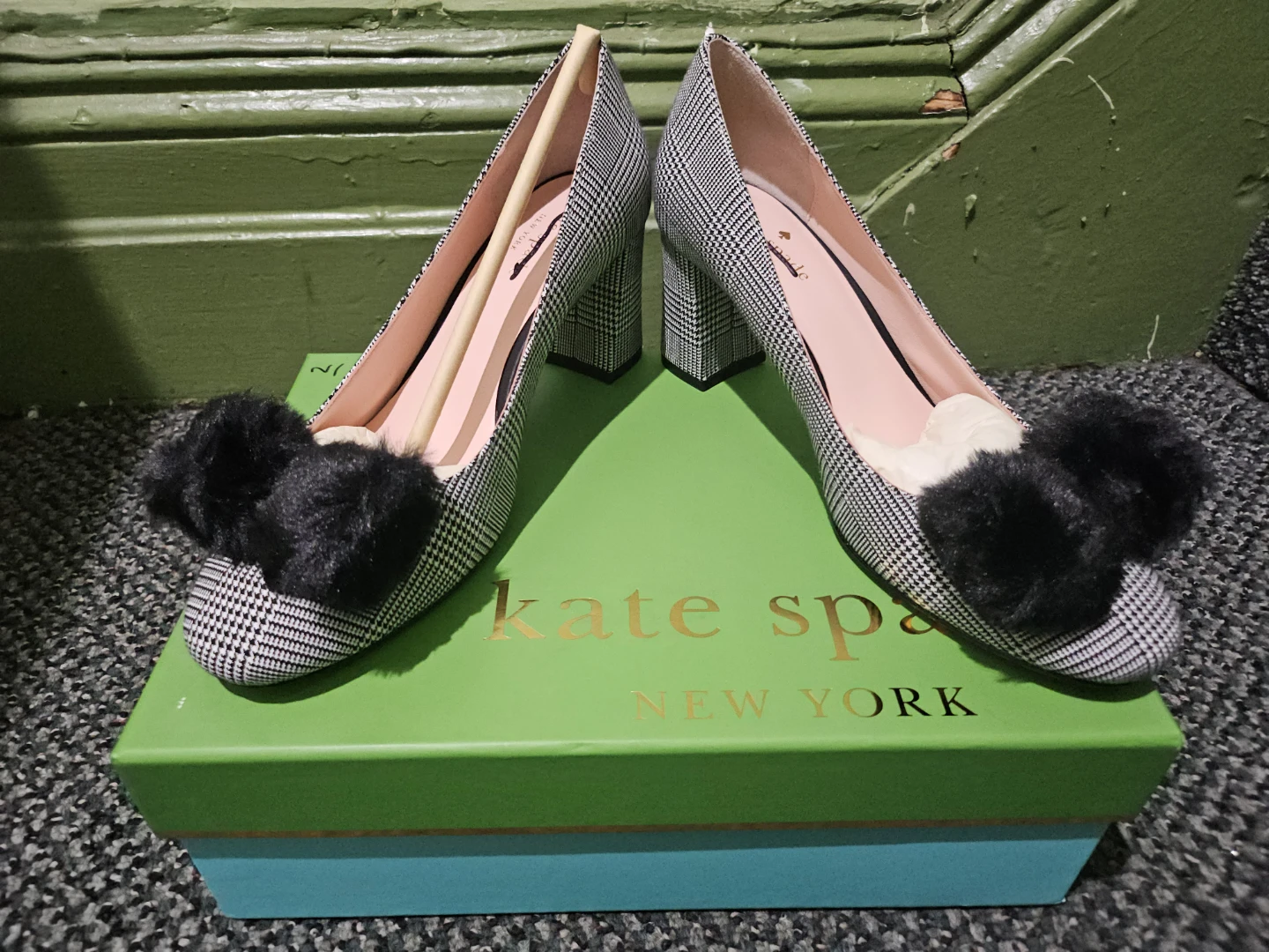Kate Spade New York Houndstooth Heels with Faux Fur Bows