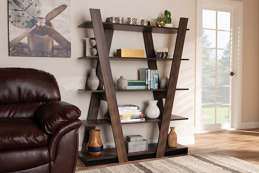 Walnut Brown Finished 5-Tier Wood Geometric Shelf