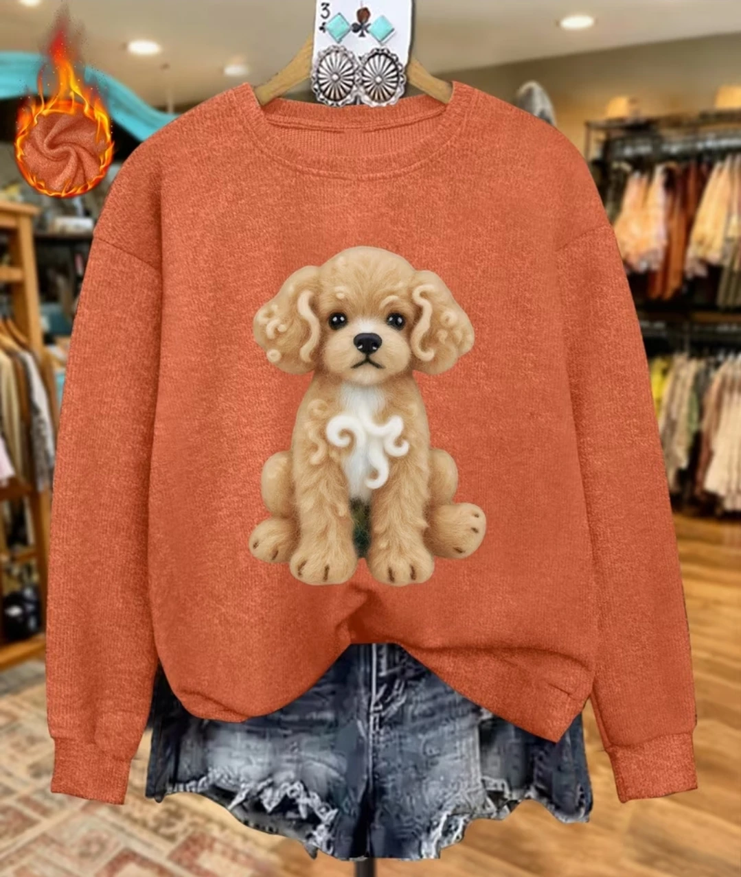 Orange Crewneck Sweater with Dog Graphic