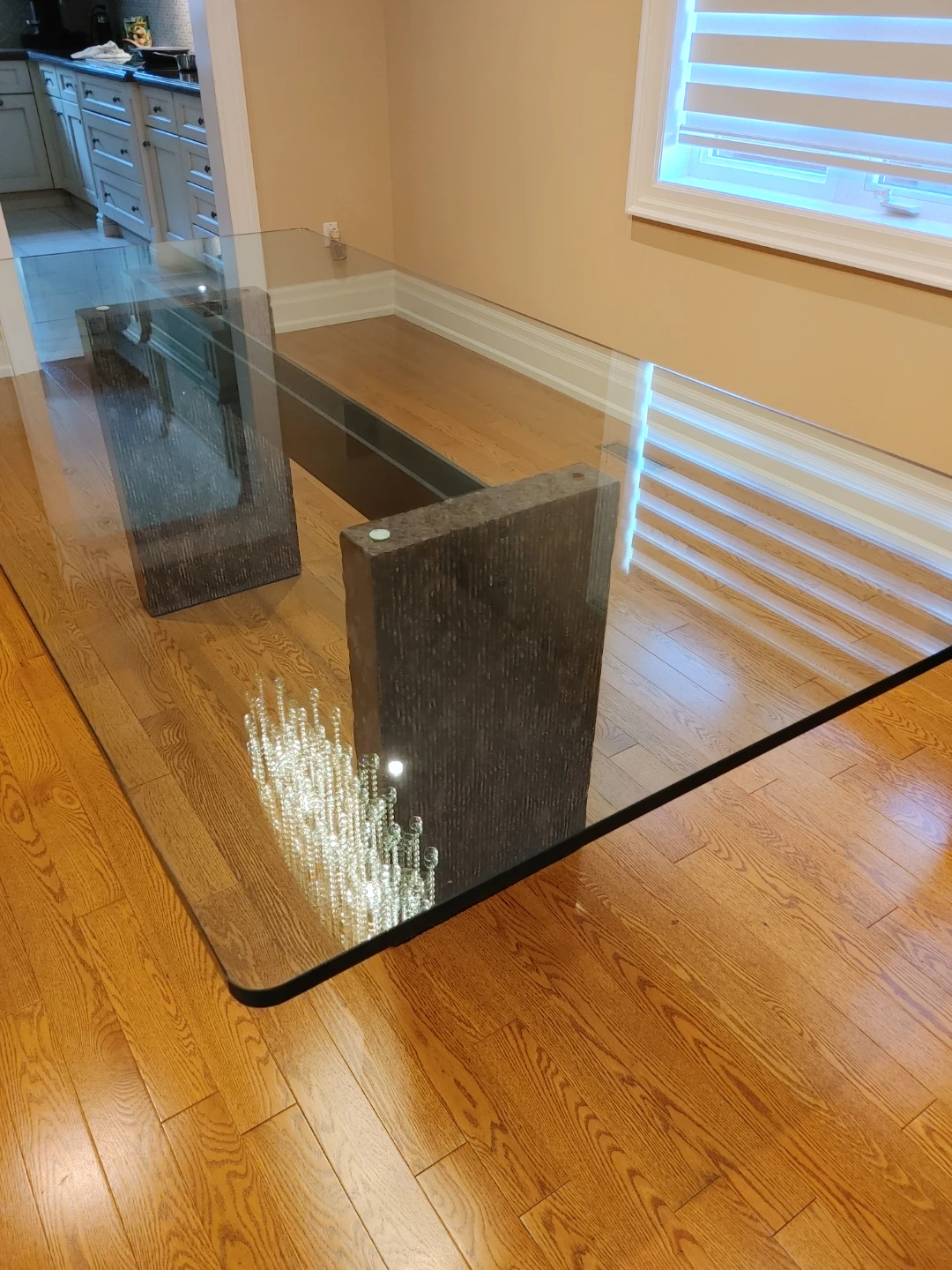 Glass Dining Table with Stone Pedestal Bases
