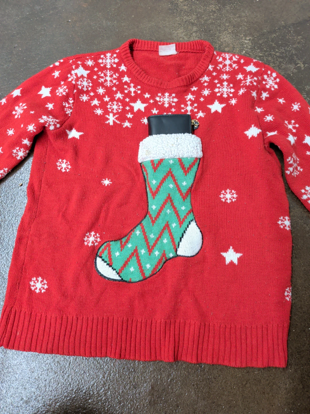 Red Christmas Sweater with Stocking Design - photo 2