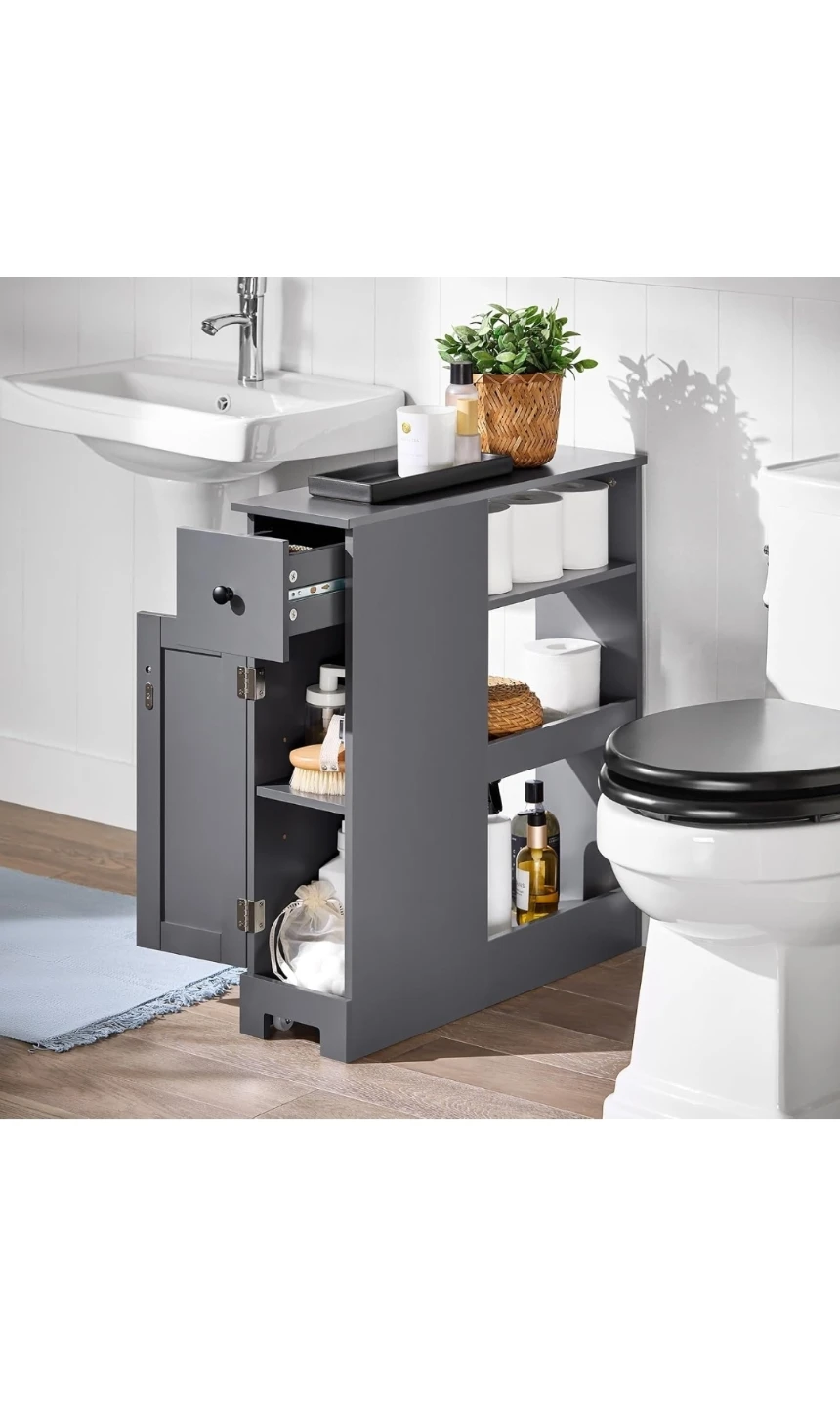 Grey Slim Bathroom Storage Cabinet with Drawer and Door