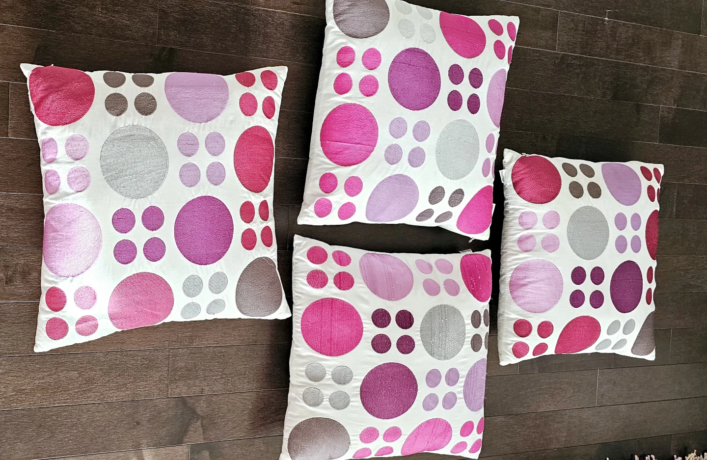 Set of 4 Decorative Throw Pillows - Pink and Grey Circles