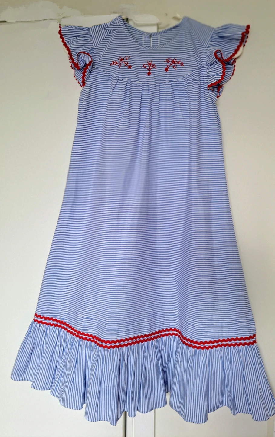 Blue and White Striped Dress for girl with Red Embroidery