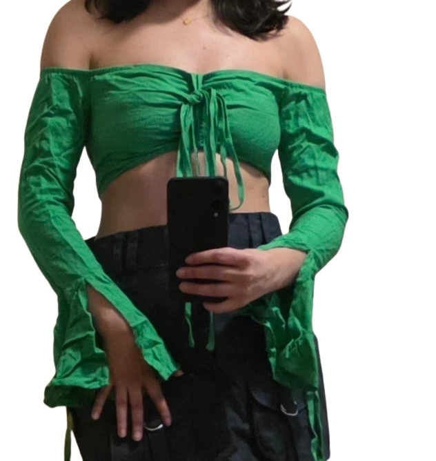 Green Off-the-Shoulder Tie-Front Crop Top with Flared Sleeves