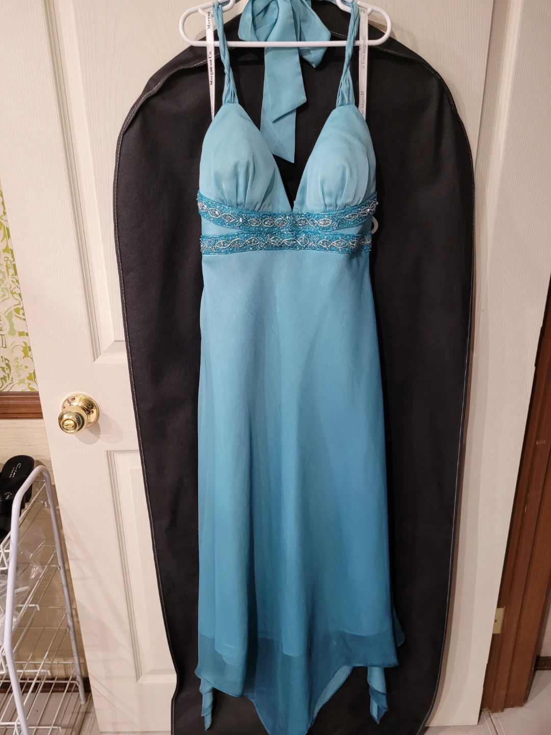 Morgan & Co. Blue Beaded Halter Dress Size 3/4