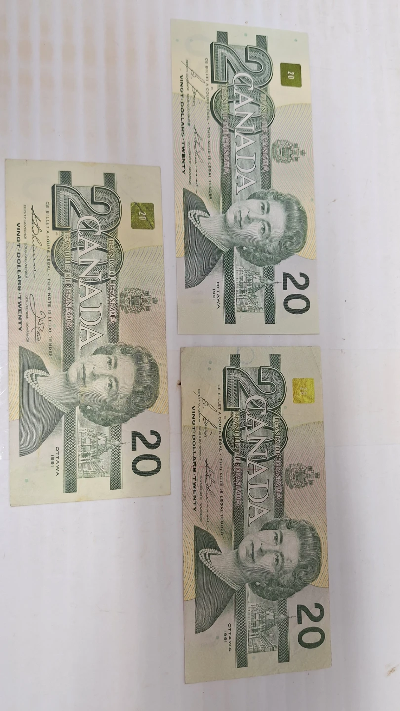 Three Canadian $20 Bills (1991