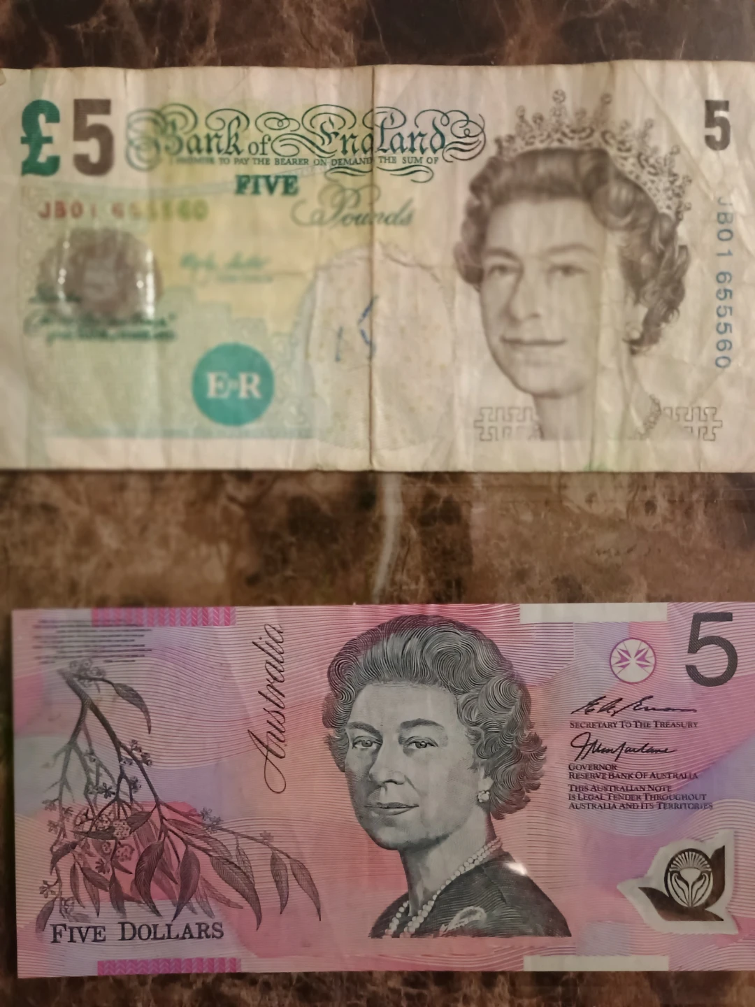 5 Pound Bank of England Note and 5 Australian Dollar Note