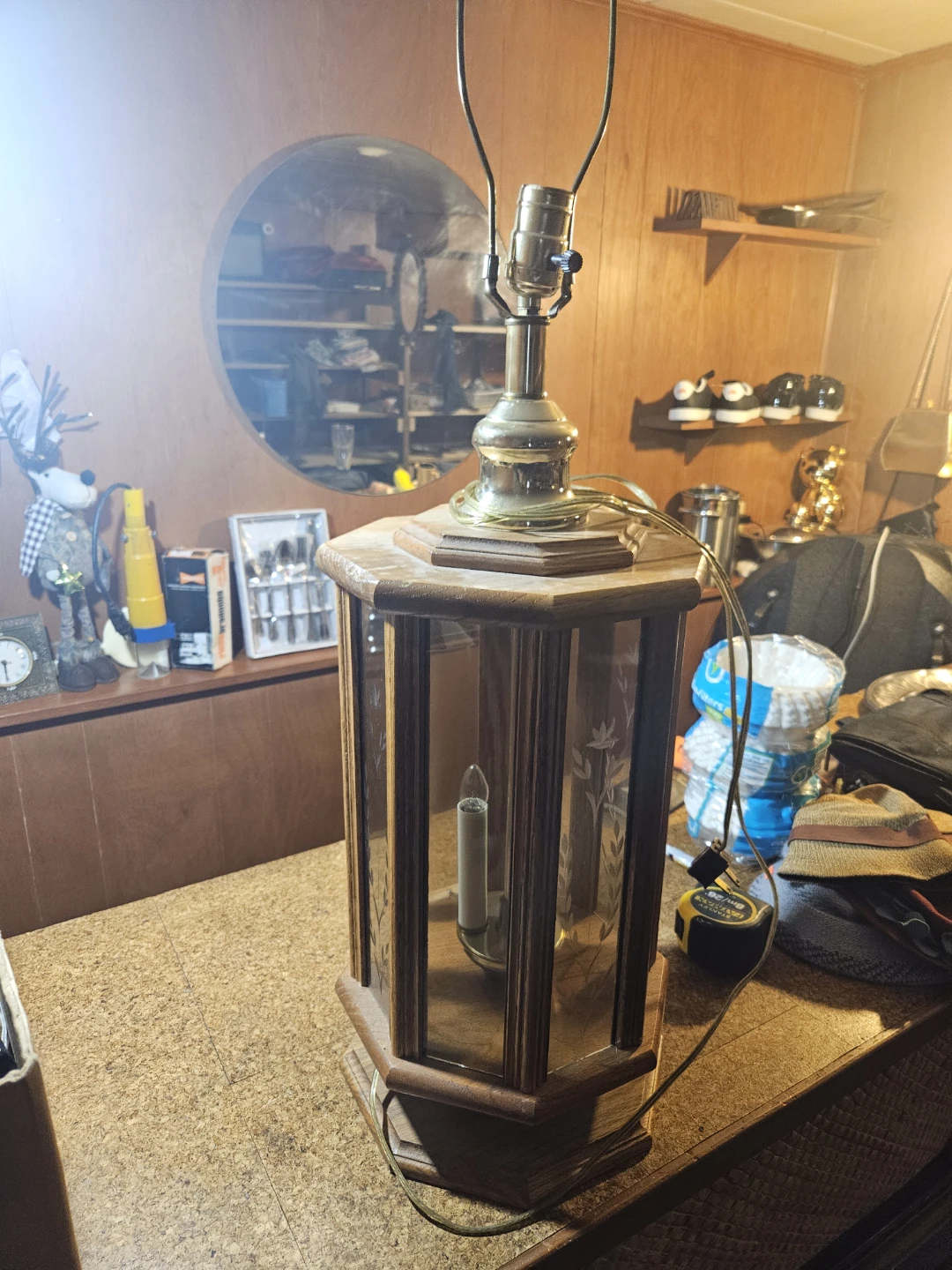 Vintage Wooden Lantern Lamp with Etched Glass - photo 3