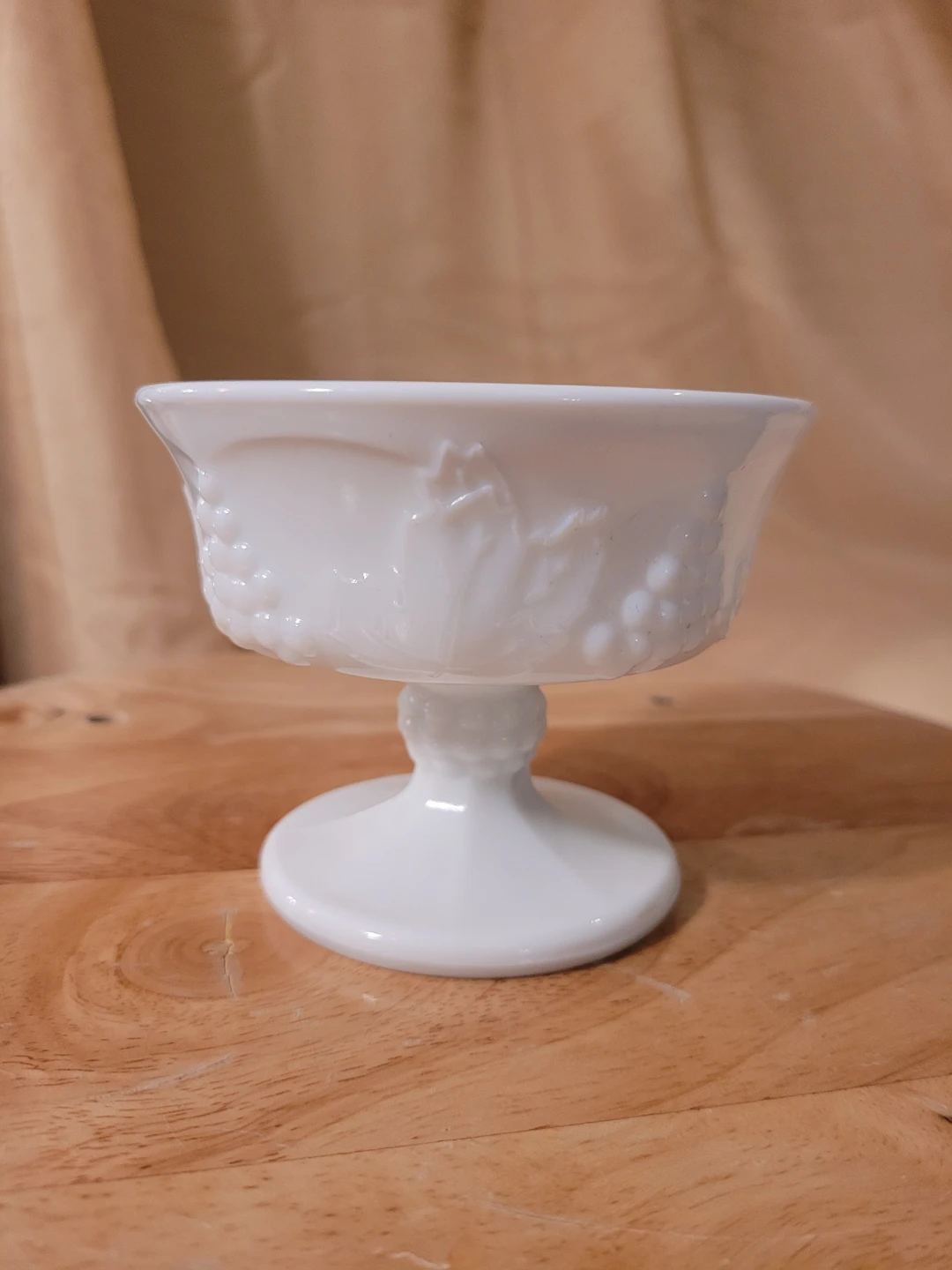 White Milk Glass Footed Dessert Bowl w/ Grape Embossing