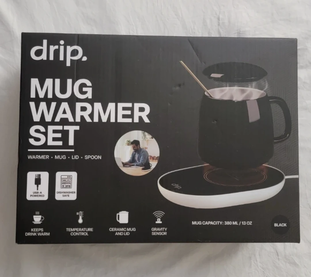 NEW Drip Mug Warmer Set with Ceramic Mug, Lid, and Spoon - Black